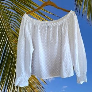 LEA‎ & VIOLA Breezy Long-Sleeve Off Shoulder Smocked-Neck White Top NWOT